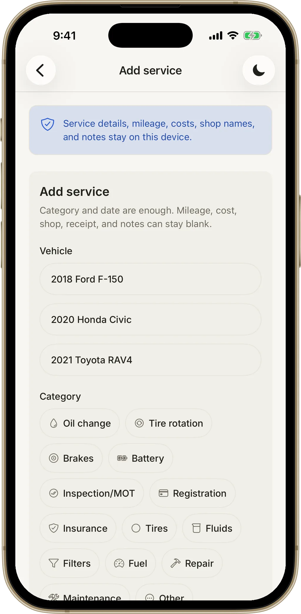 Add service screen with category chips for oil change, tire rotation, brakes and more