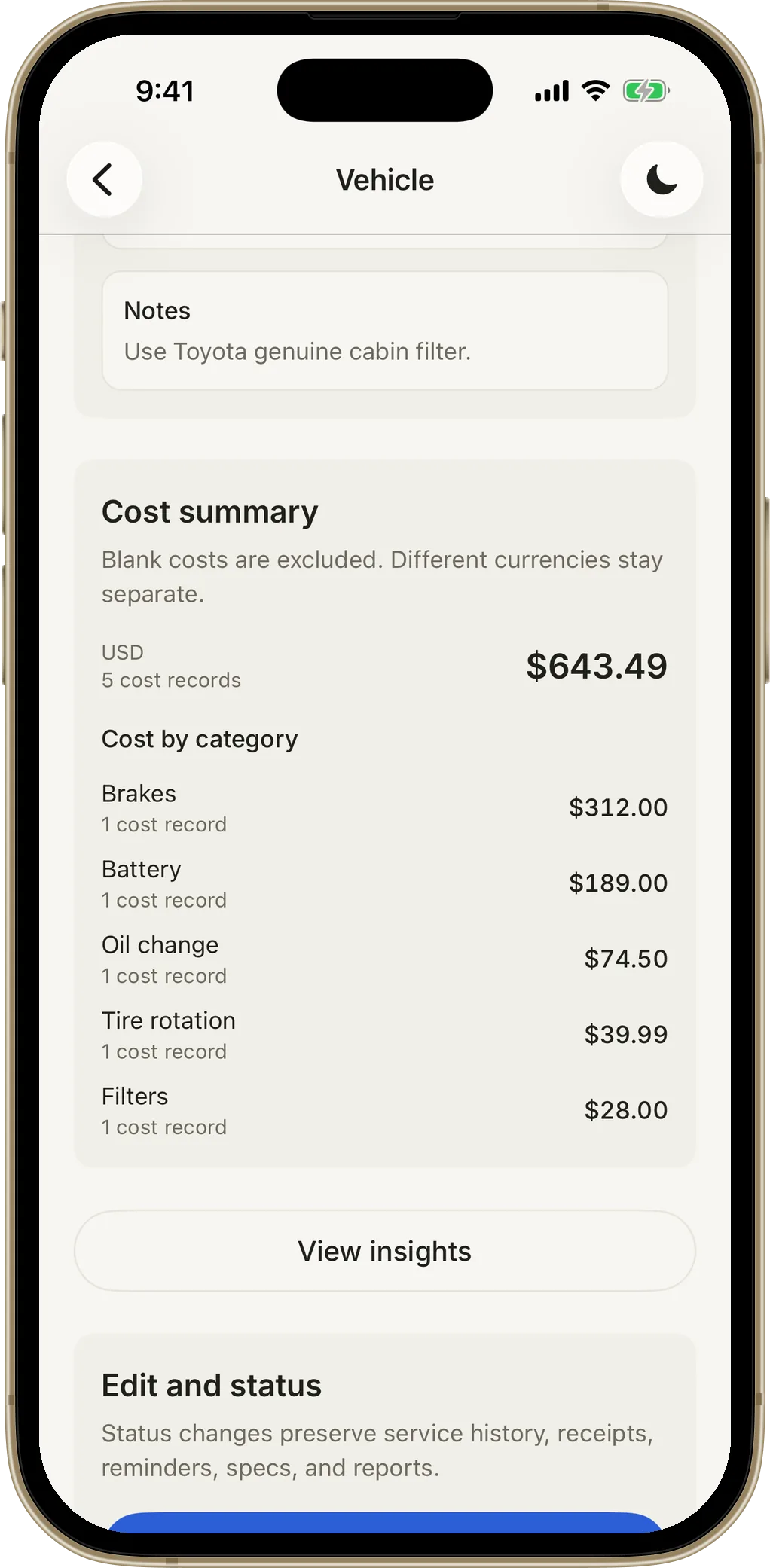 Cost summary by category