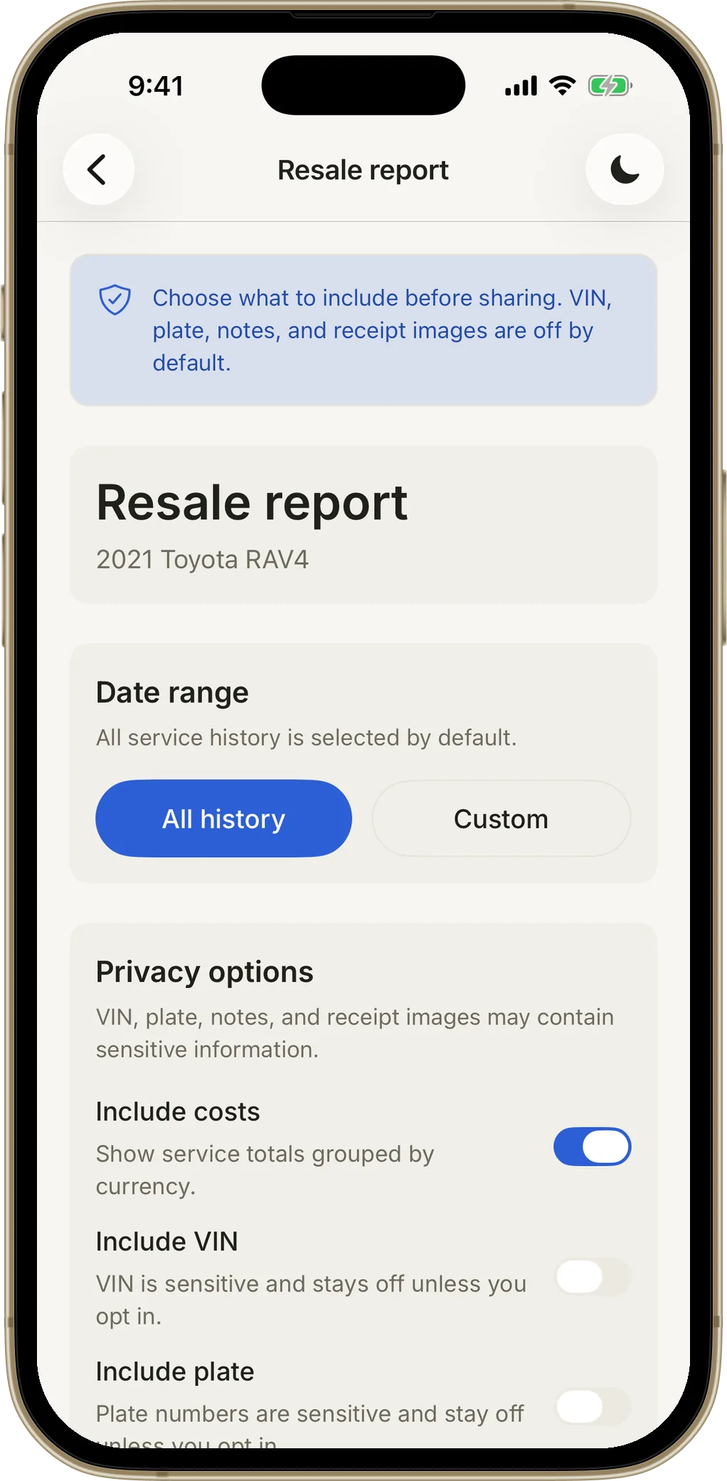 Resale report screen with privacy options to include costs, VIN, and plate